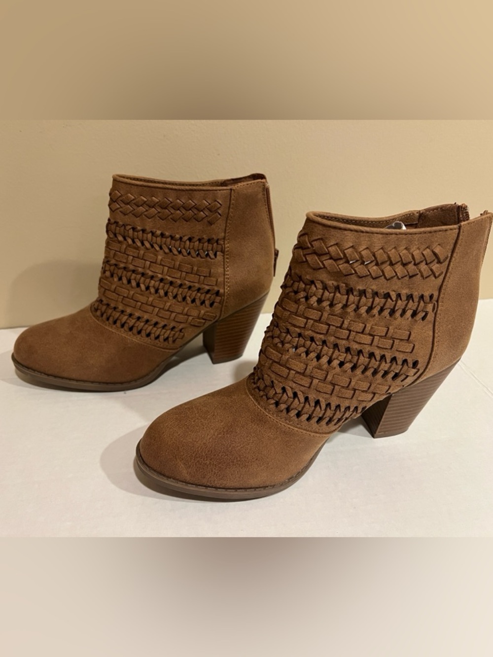 Maurice Women’s Boho Western Woven Brown Block Heel Ankle Booties Faux Leather 8 - Picture 3 of 10